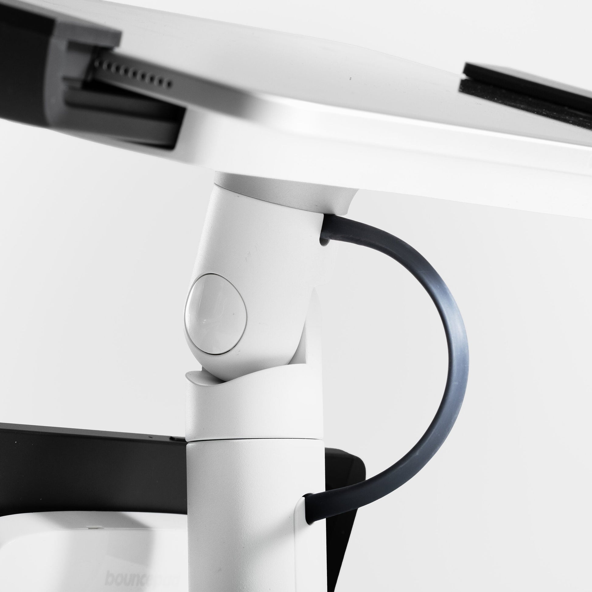 Bouncepad Clip Twin Tablet Desk Mount in white, cable management, detail view