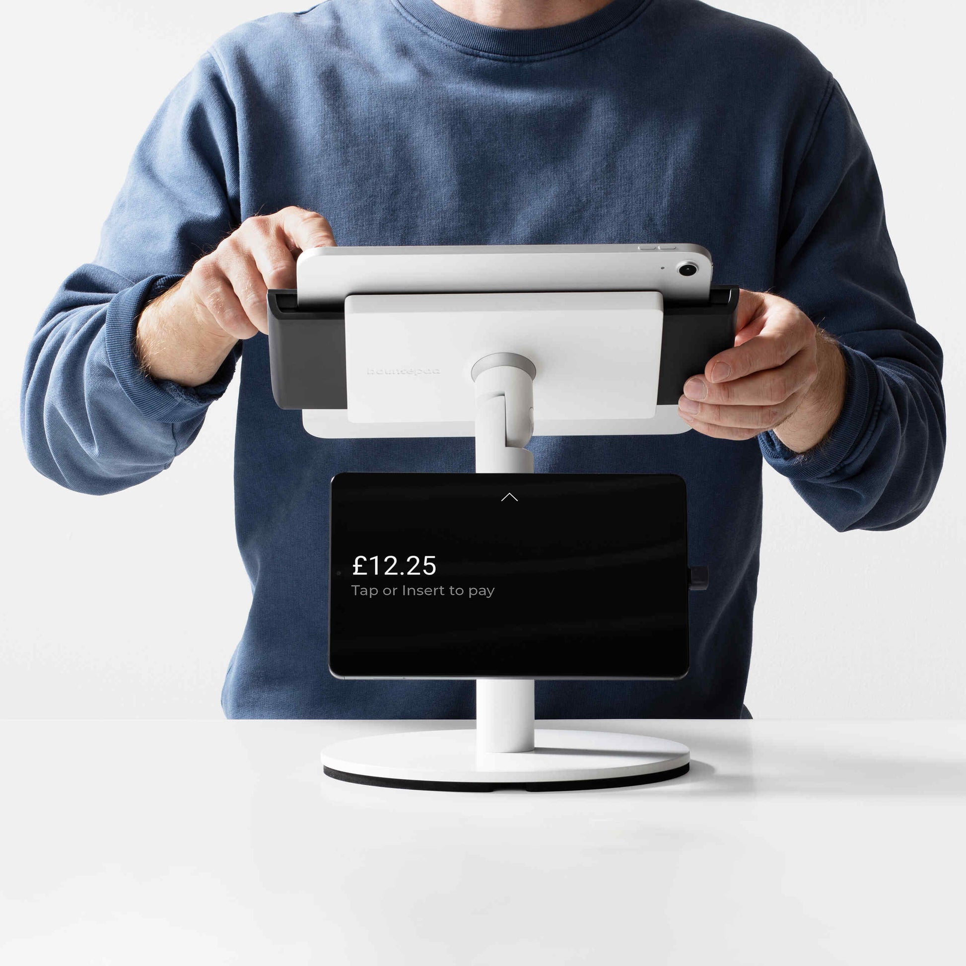 Bouncepad Clip Counter Twin Tablet Stand in white, front view, shown in use