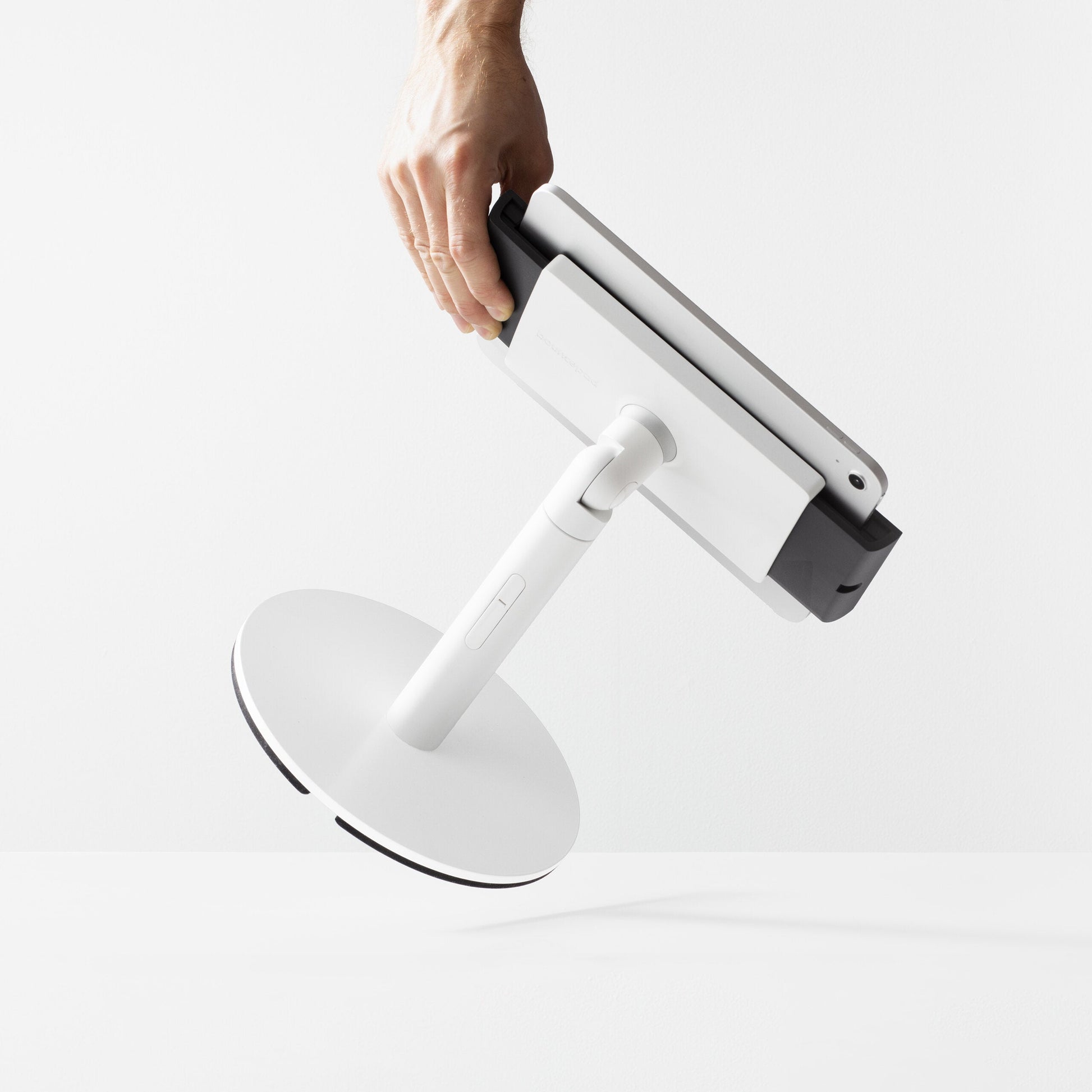 Bouncepad Clip Counter Twist Tablet Stand in white, front view
