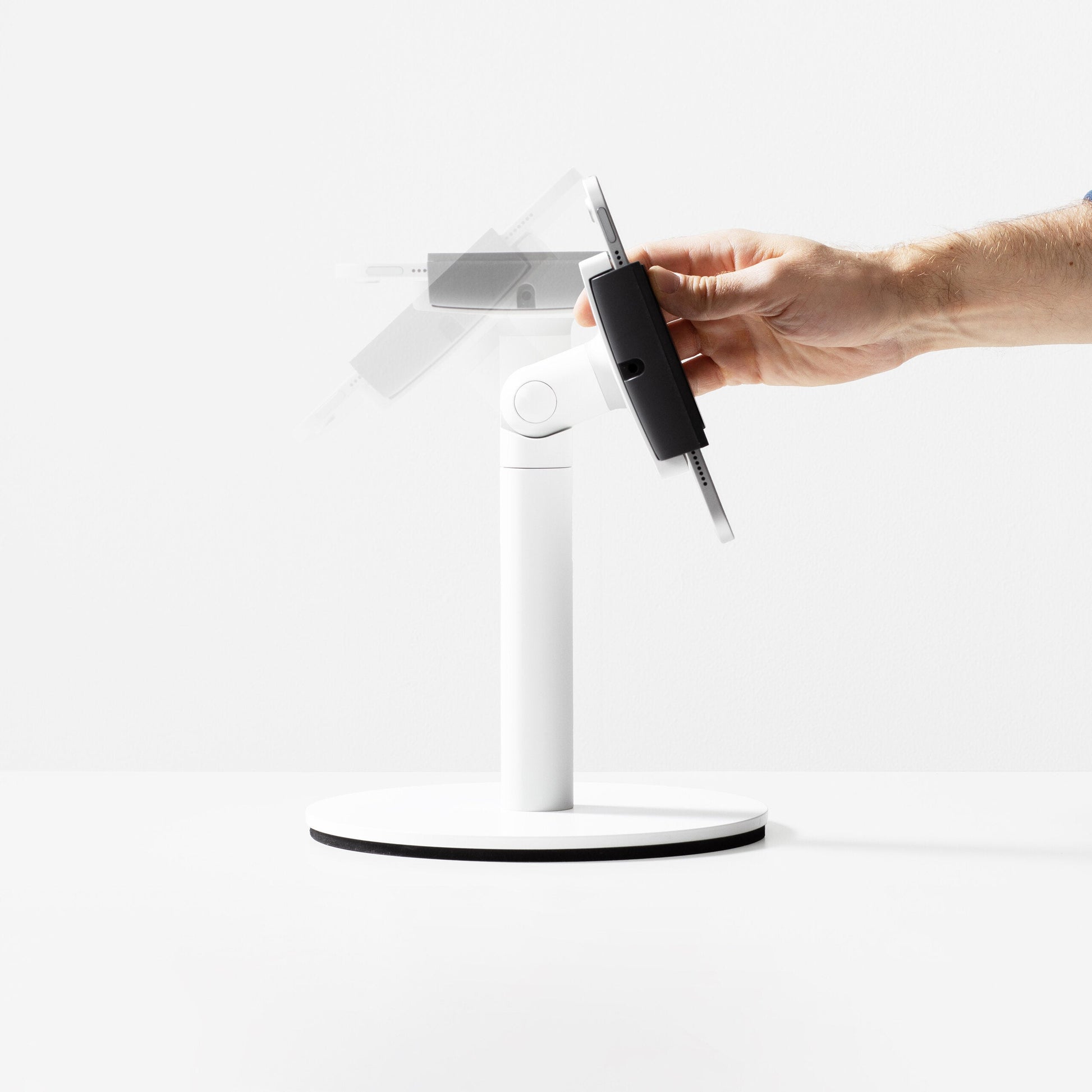 Bouncepad Clip Counter Twist Tablet Stand in white, front view, rotation feature