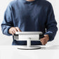Bouncepad Clip Counter Tablet Stand in white, shown in use