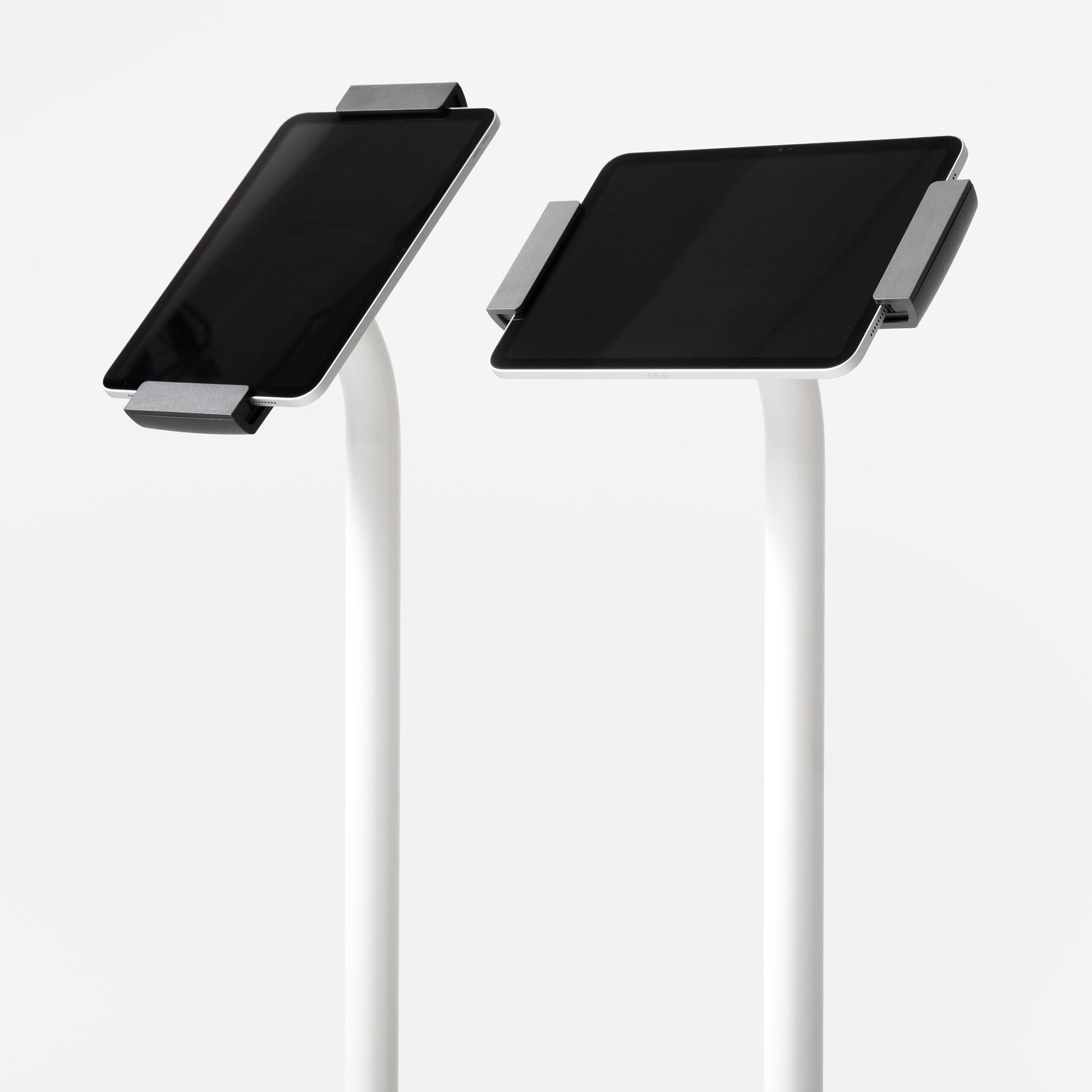Bouncepad Clip Elevate Tablet Floor Stand in white, portrait and landscape orientation