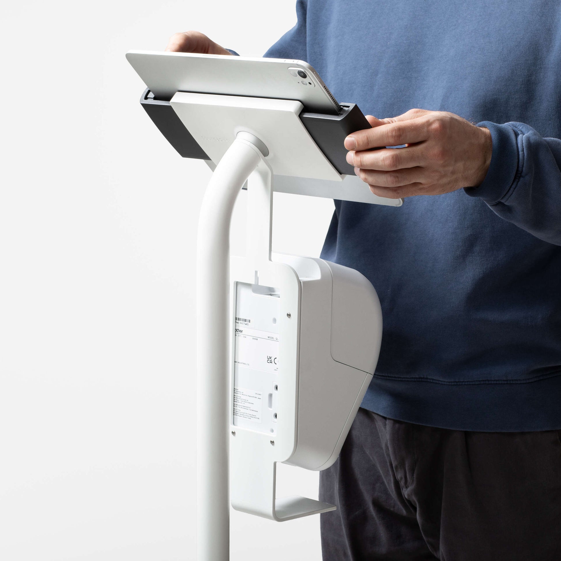 Bouncepad Clip Floorstanding + Brother Printer Mount Tablet Floor Stand in white, shown in use