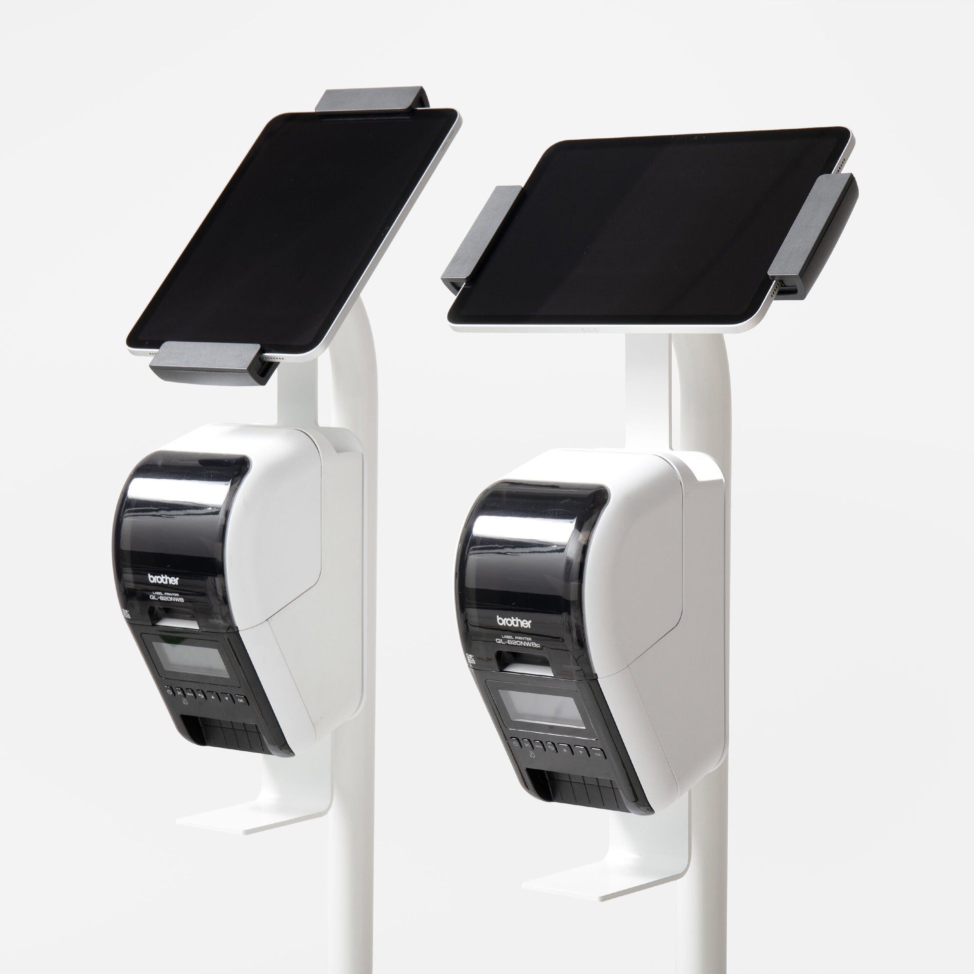 Bouncepad Clip Floorstanding + Brother Printer Mount Tablet Floor Stand in white, portrait and landscape orientation