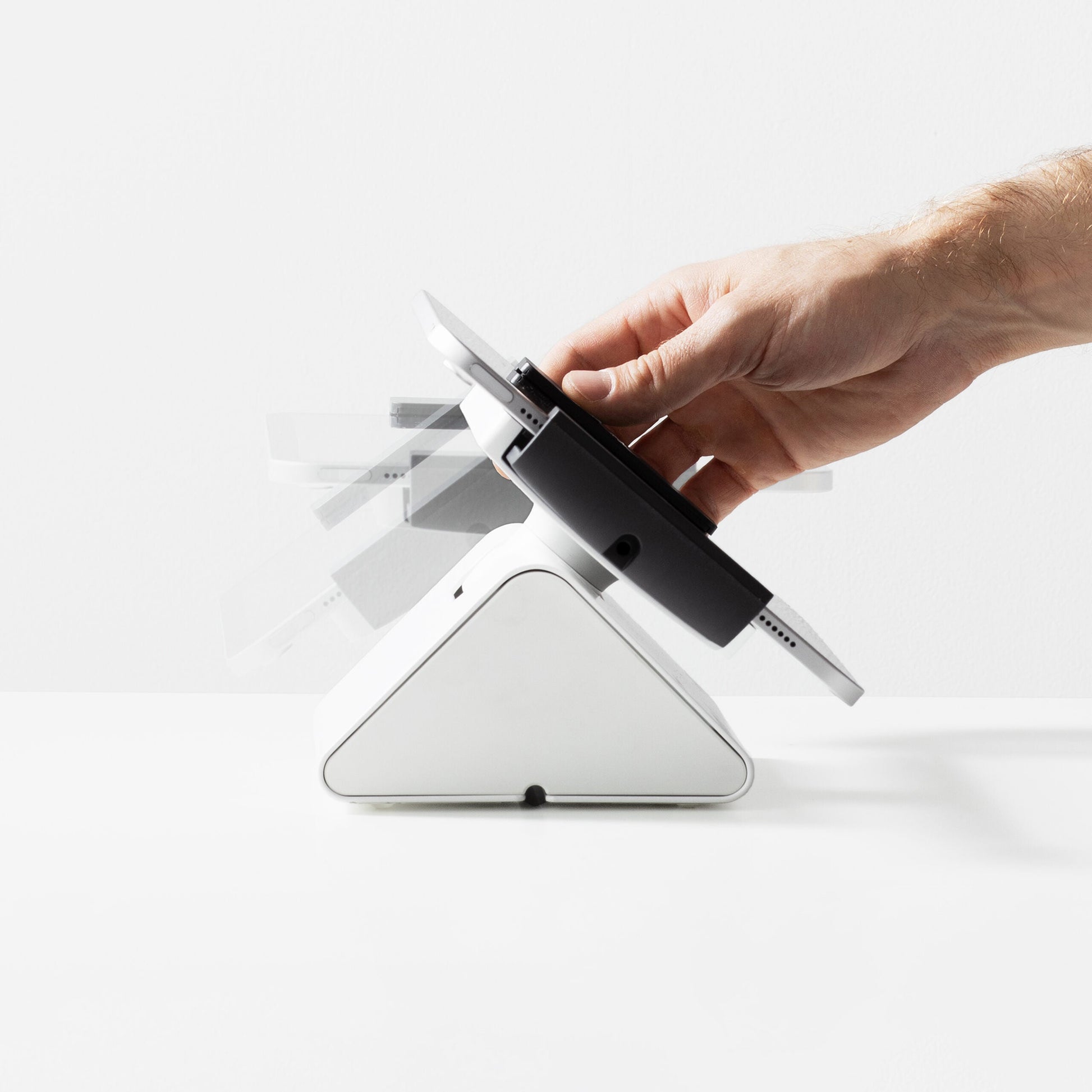 Bouncepad Clip Flip Tablet Stand in white, front view, rotation feature