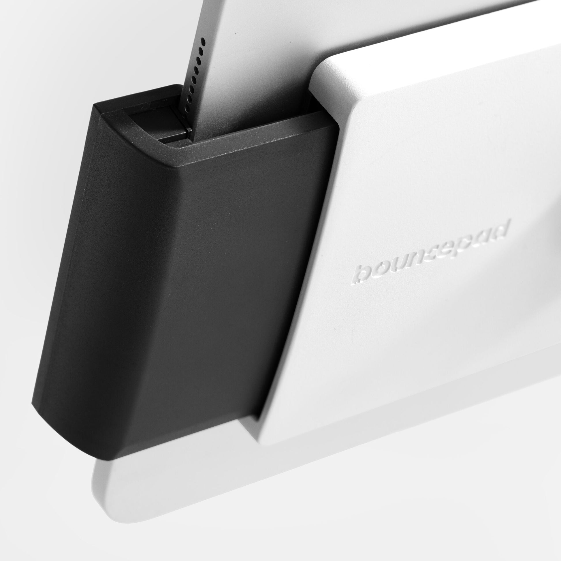Bouncepad Clip Floorstanding Slim Tablet Floor Stand in white, detail view