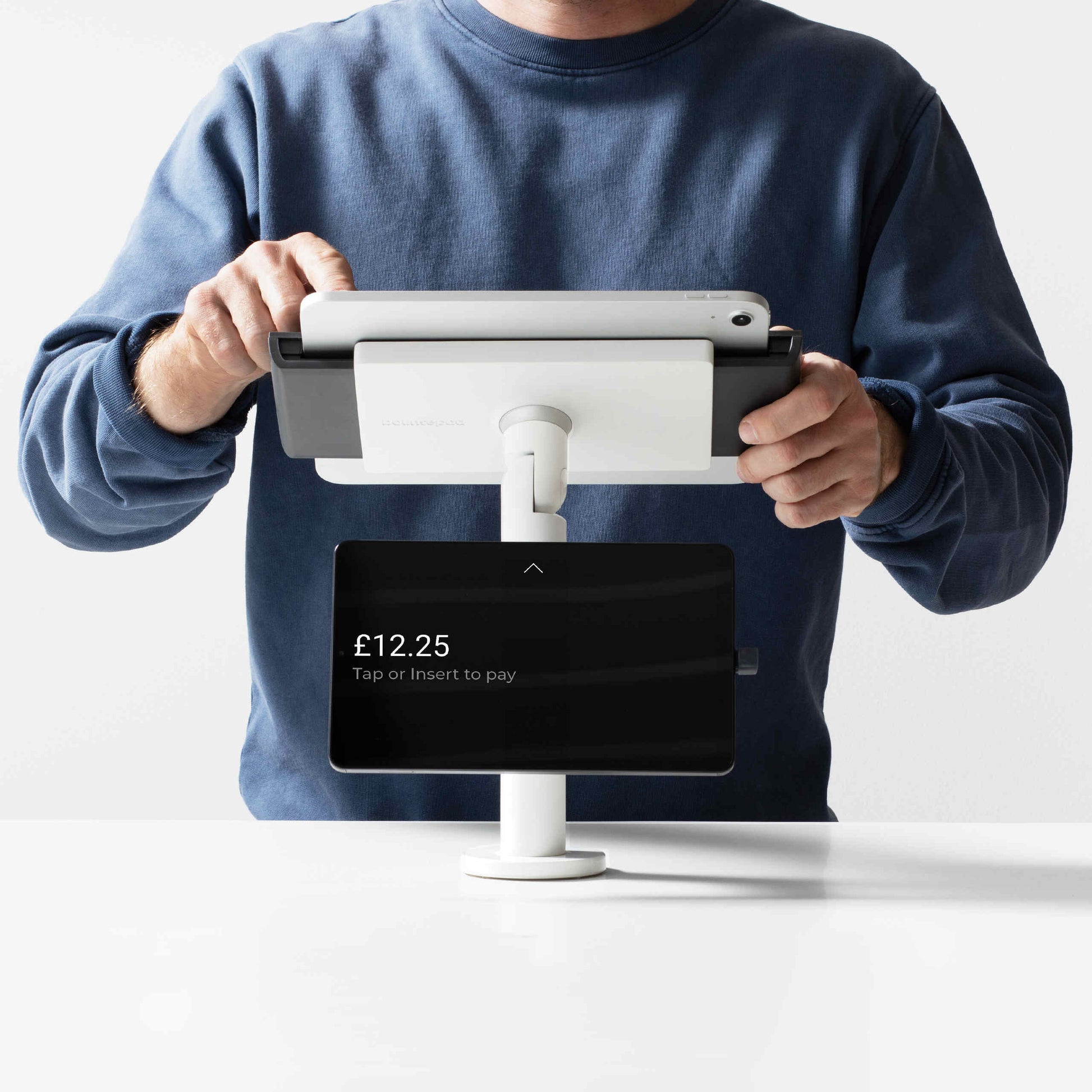 Bouncepad Clip Twin Tablet Desk Mount in white, front view, shown in use