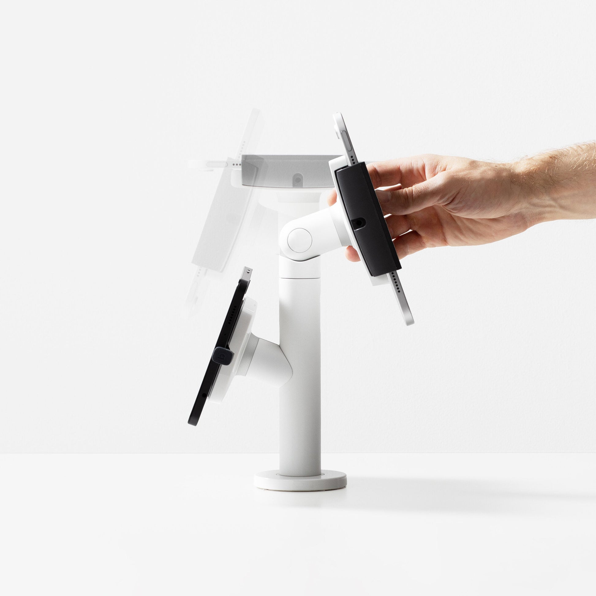 Bouncepad Clip Twin Tablet Desk Mount in white, front view, rotation feature