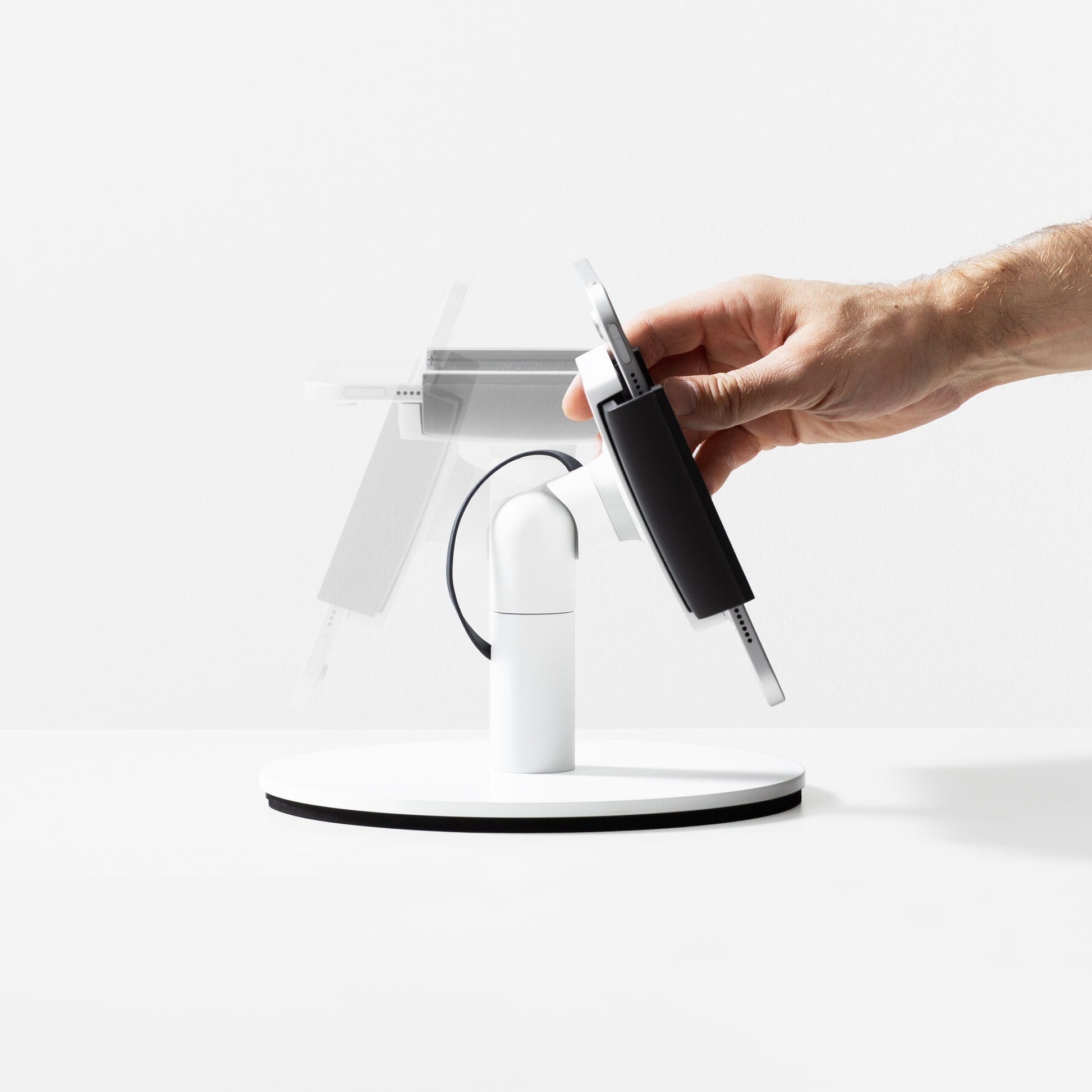 Bouncepad Clip Counter Twist-Mini Tablet Stand in white, front view, rotation feature