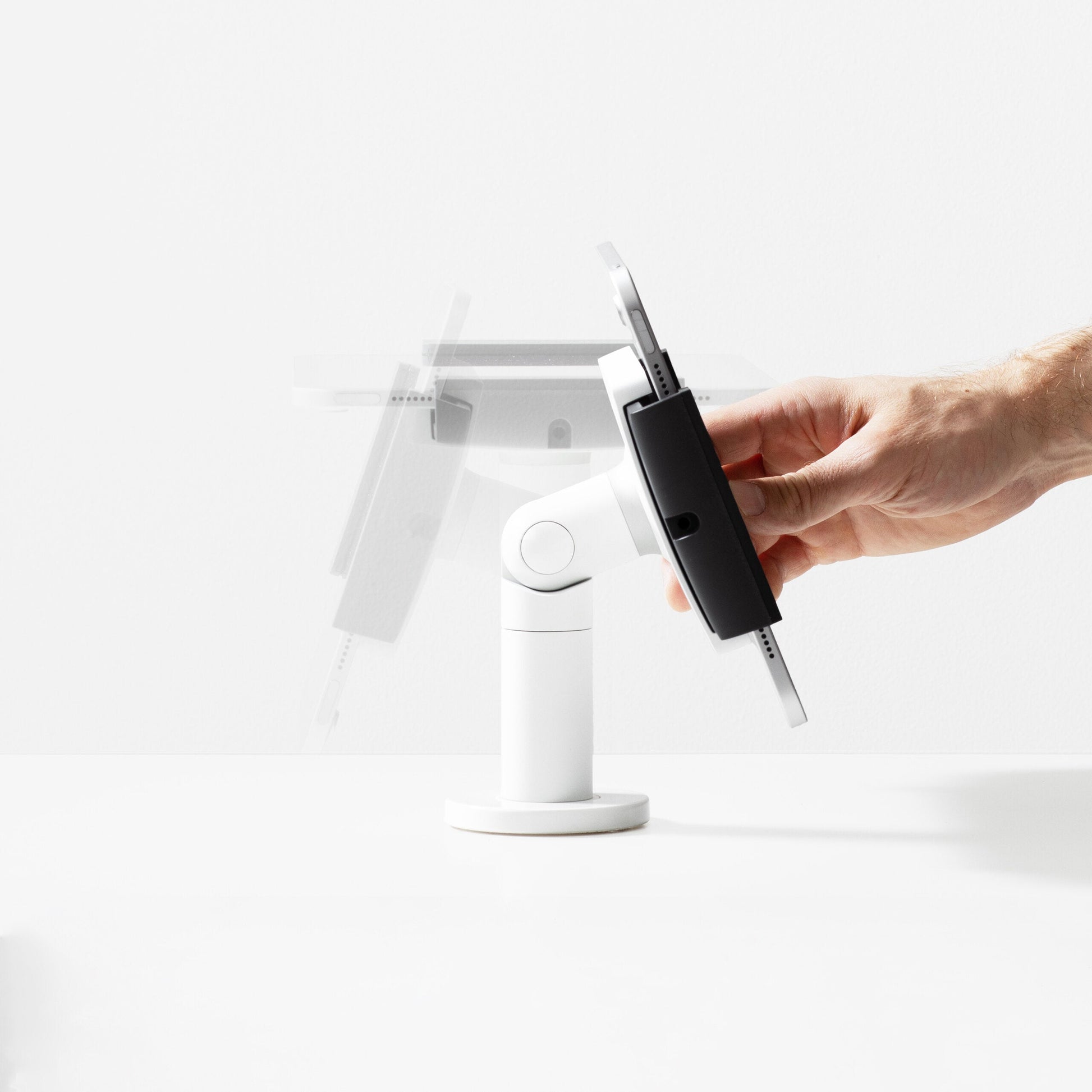 Bouncepad Clip Twist-Mini Tablet Desk Mount in white, front view, rotation feature
