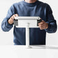 Bouncepad Clip Twist Tablet Desk Mount in white, front view, shown in use