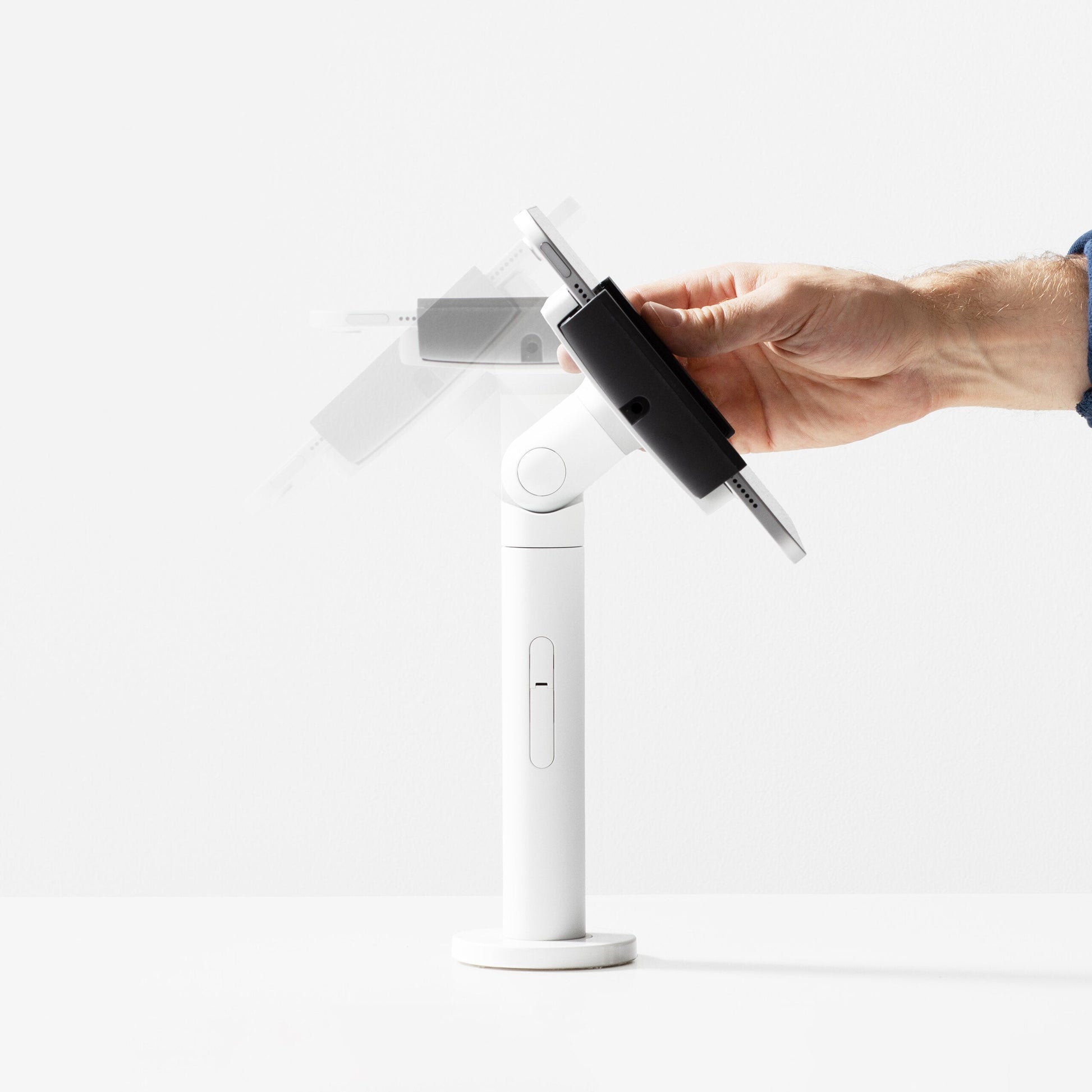 Bouncepad Clip Twist Tablet Desk Mount in white, front view, rotation feature