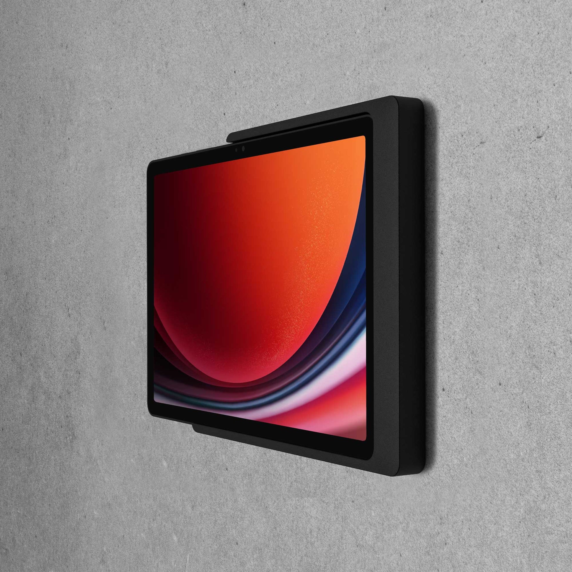 Displine Companion Wall Home Wall Mount for Samsung Galaxy Tab for Samsung Galaxy TAB A9 and TAB A11, in black, side view, on concrete wall