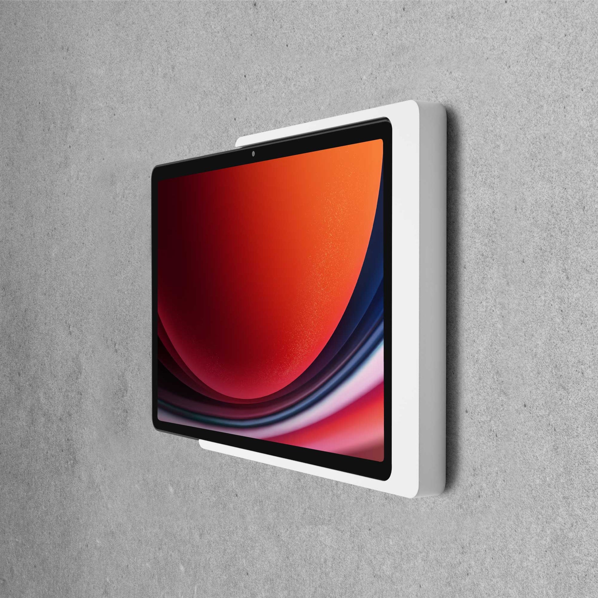 Displine Companion Wall Home Wall Mount for Samsung Galaxy Tab for Samsung Galaxy TAB A9 and TAB A11, in white, side view, on concrete wall