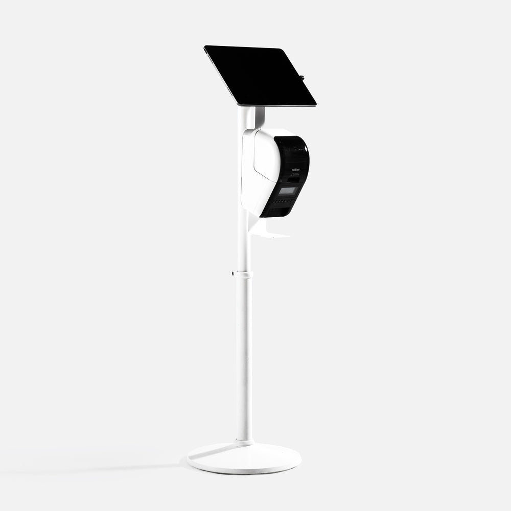 Bouncepad Core Elevate + Brother Printer Mount Tablet Floor Stand in white, front view