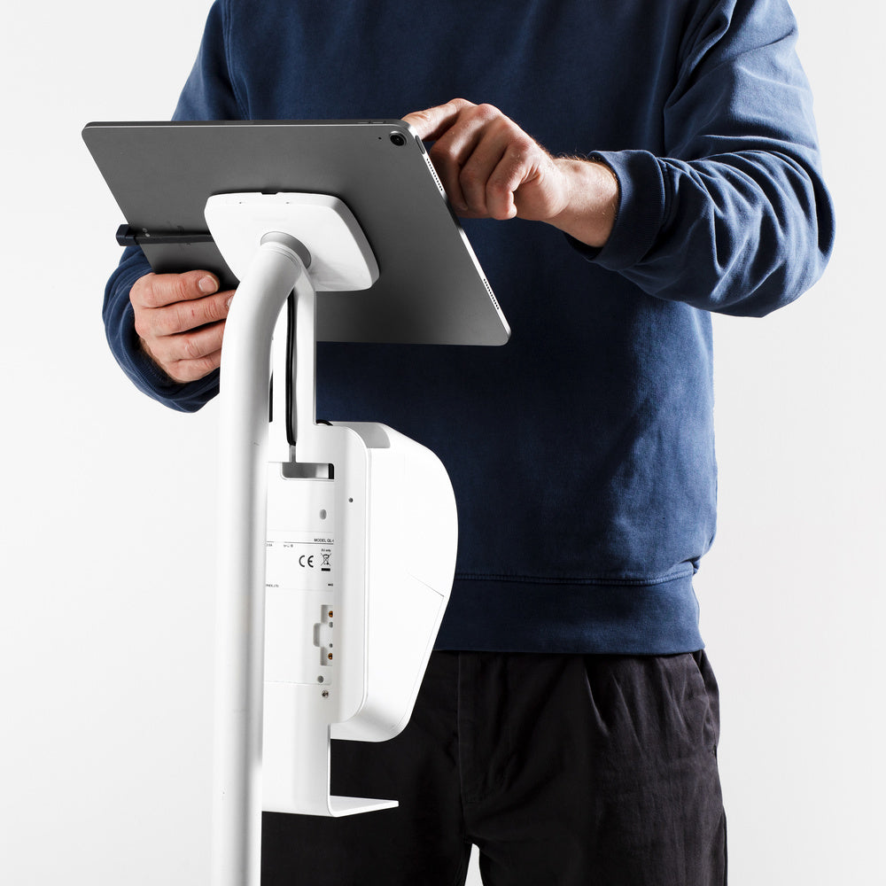 Bouncepad Core Elevate + Brother Printer Mount Tablet Floor Stand in white, shown in use