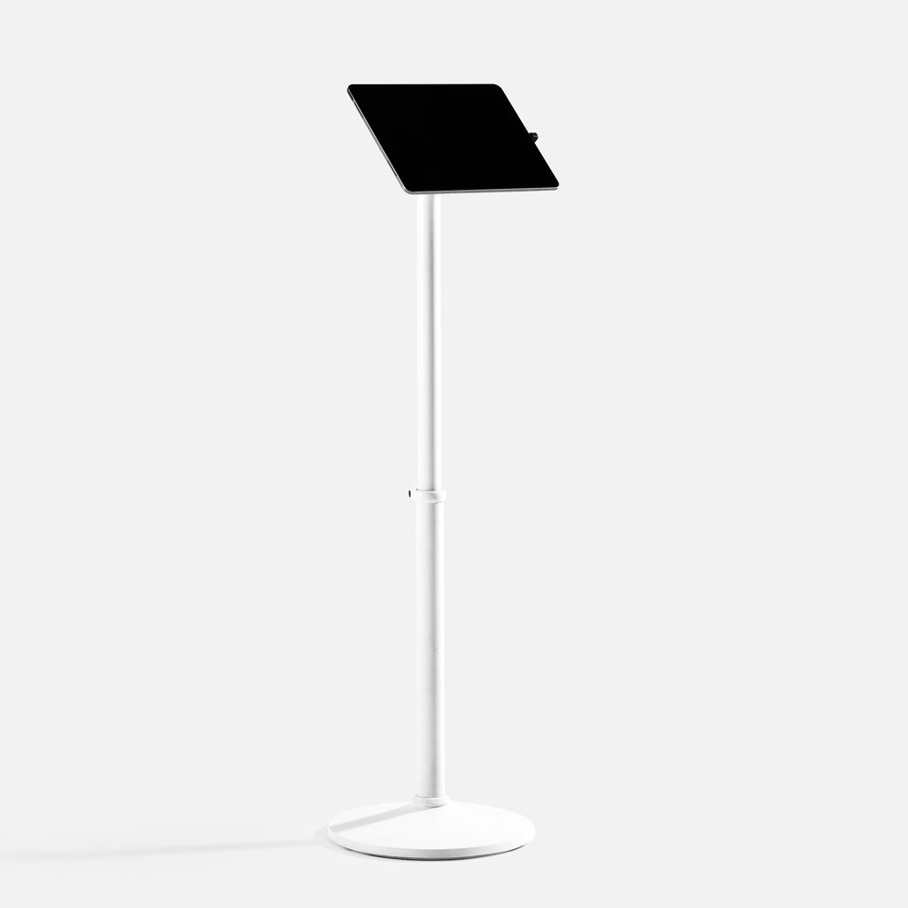 Bouncepad Core Elevate Tablet Floor Stand in white, front view