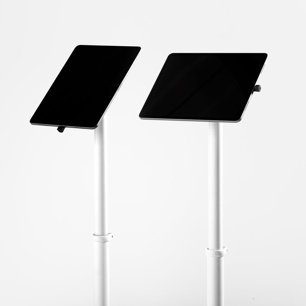 Bouncepad Core Elevate Slim Tablet Floor Stand in white, portrait orientation