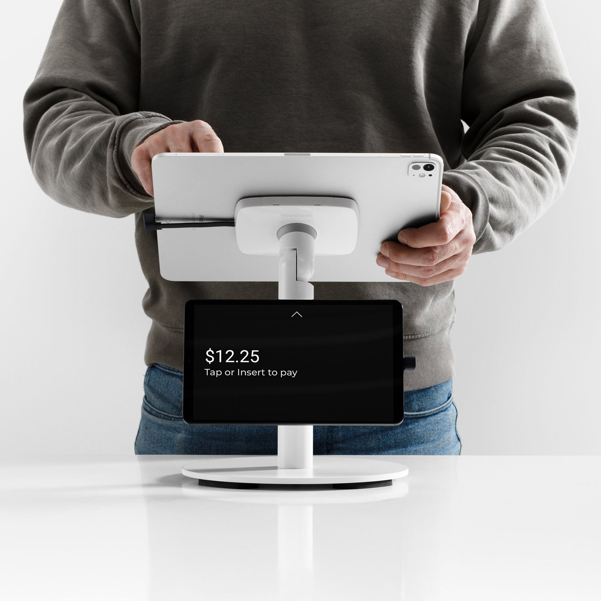 Bouncepad Core Counter Twin Tablet Stand in white, shown in use