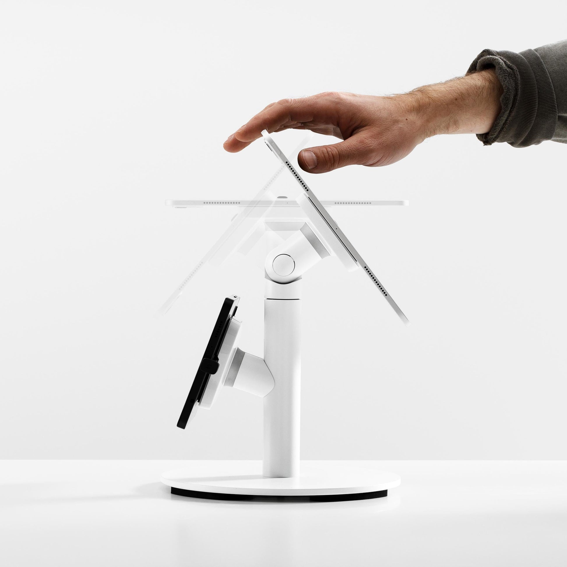 Bouncepad Core Counter Twin Tablet Stand in white, tilt and flip feature