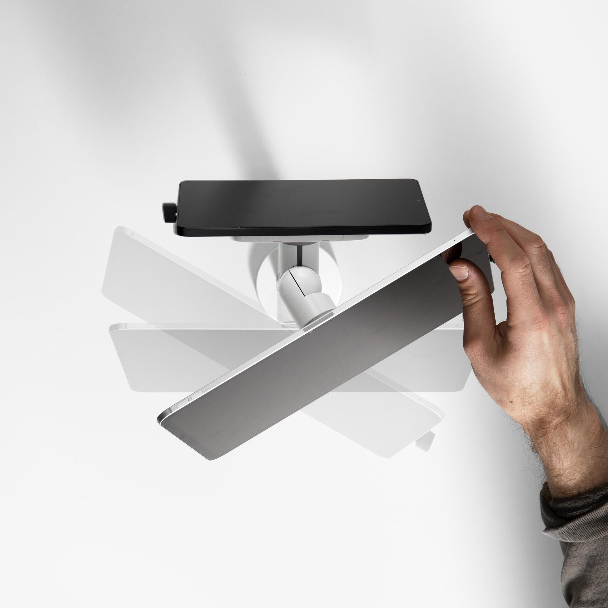 Bouncepad Core Twin Tablet Desk Mount in white, rotation feature