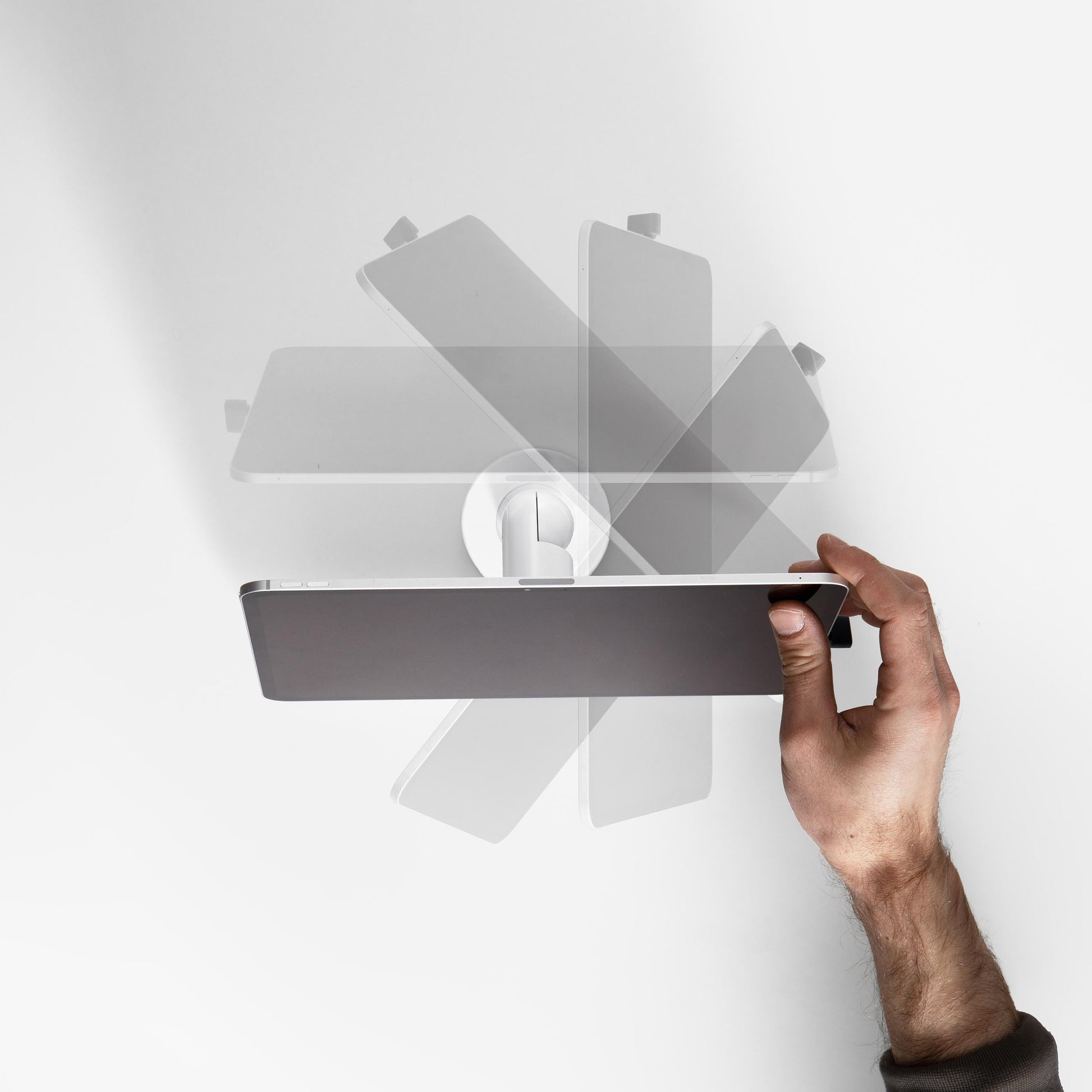 Bouncepad Core Twist-Mini Tablet Desk Mount in white, rotation feature