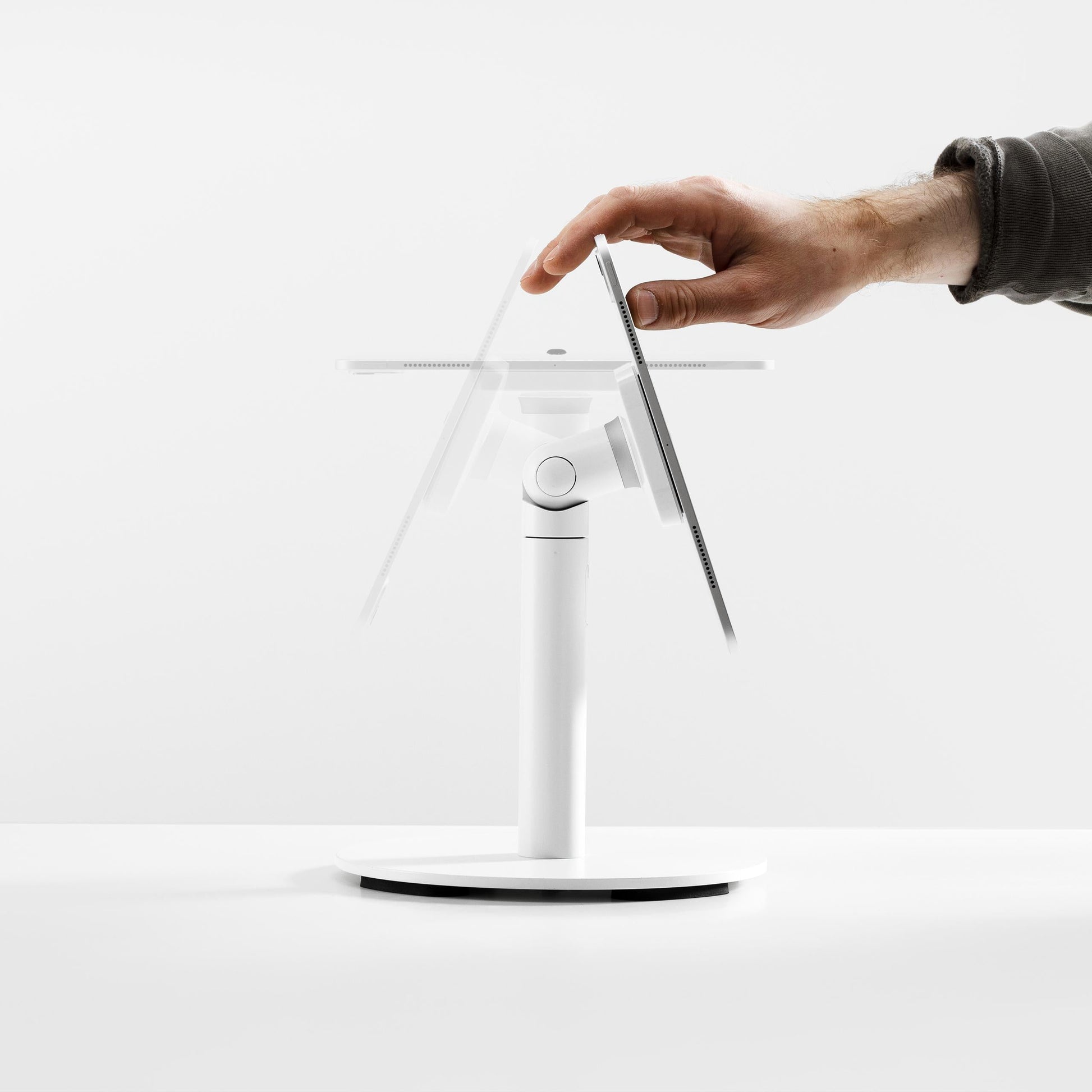 Bouncepad Core Counter Twist Tablet Stand in white, tilt and flip feature