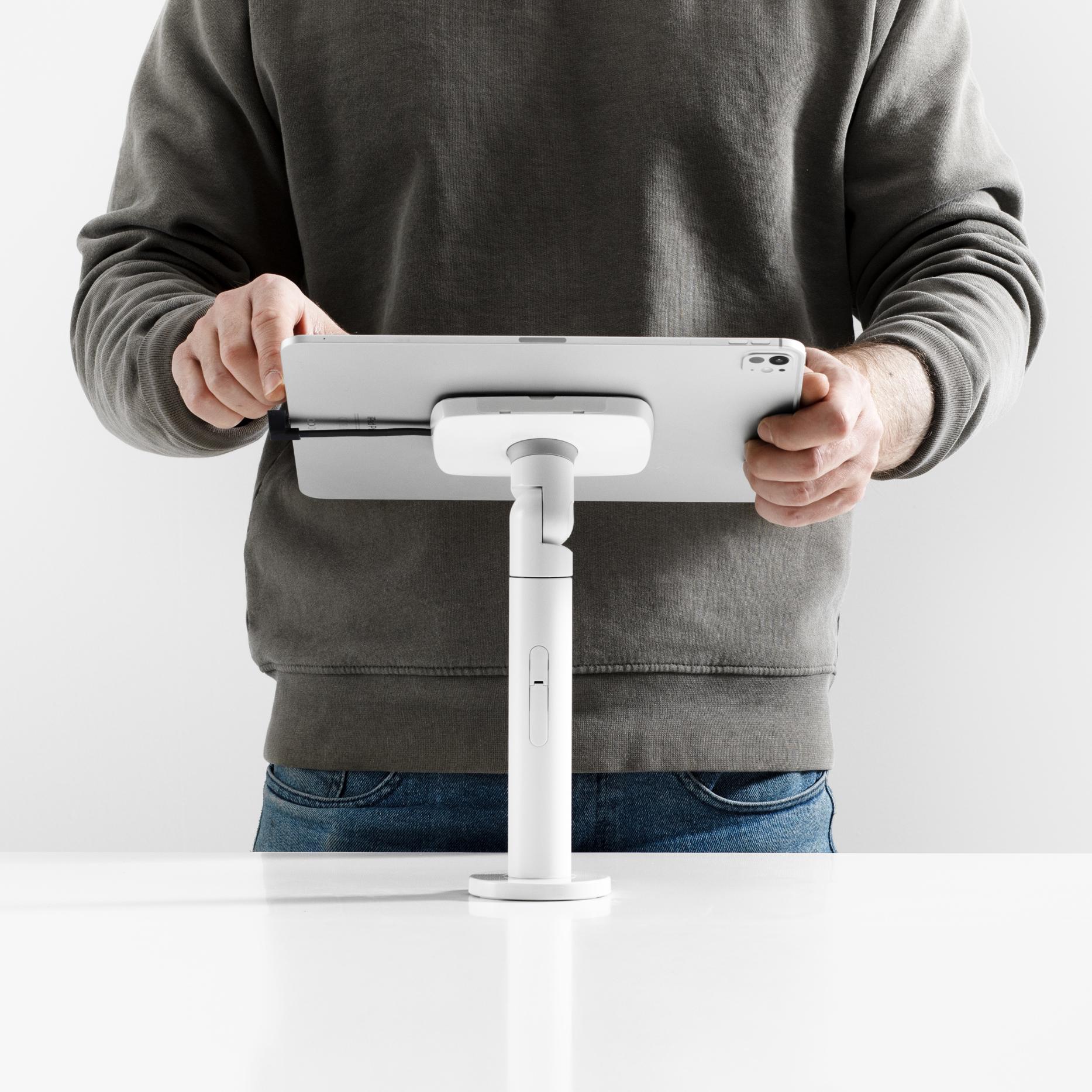 Bouncepad Core Twist Tablet Desk Mount in white, shown in use