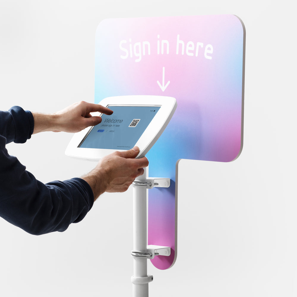 Bouncepad Original Elevate + Branding Board Tablet Floor Stand in white, shown in use