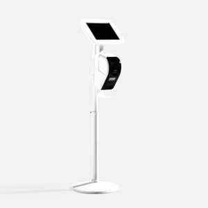 Bouncepad Original Elevate + Brother Printer Mount Tablet Floor Stand in white, front view