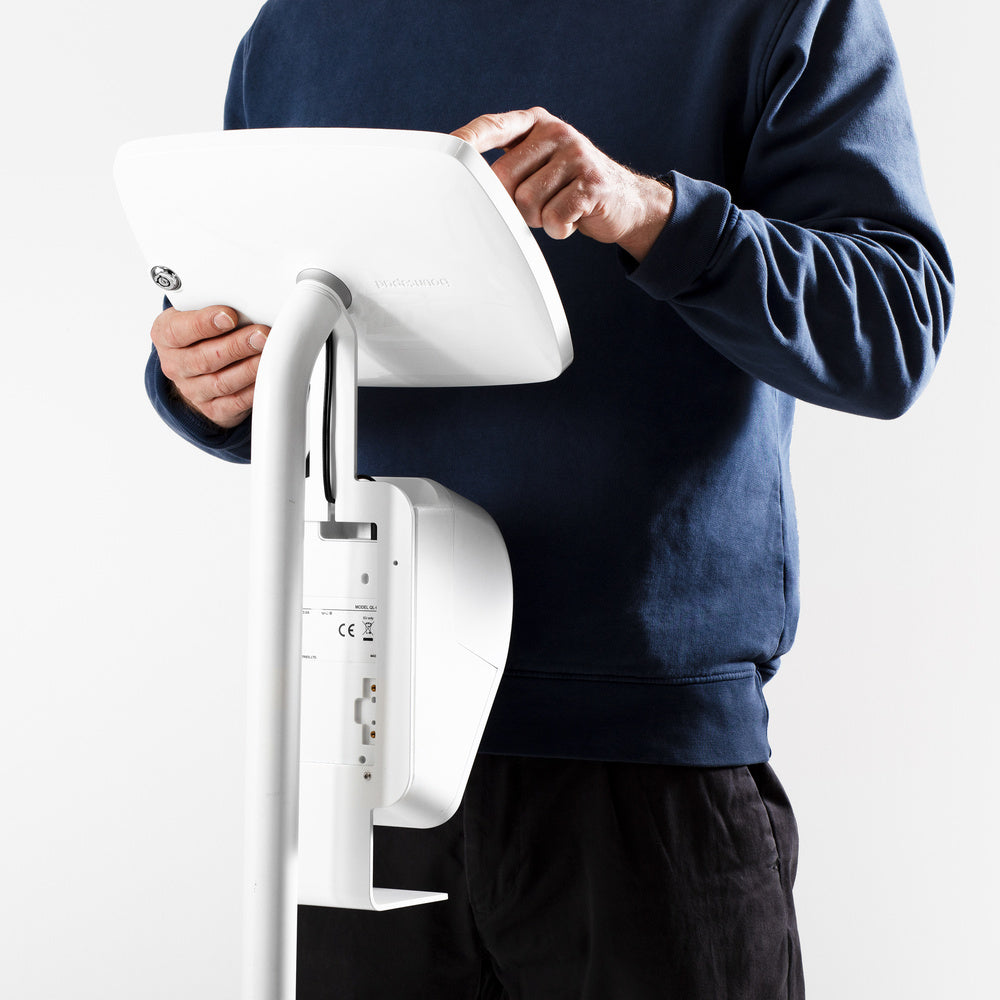 Bouncepad Original Elevate + Brother Printer Mount Tablet Floor Stand in white, shown in use