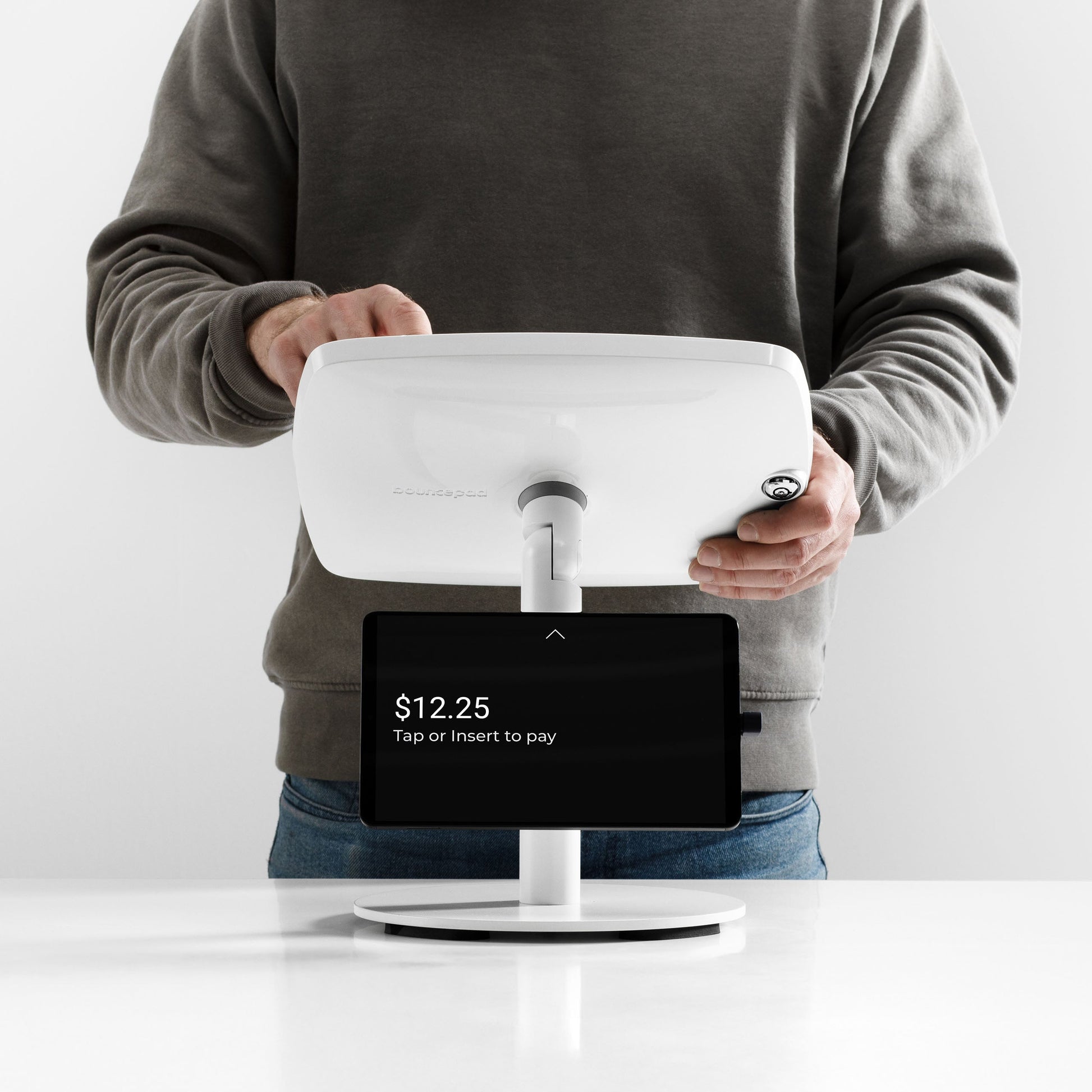 Bouncepad Original Counter Twin Tablet Stand shown in use