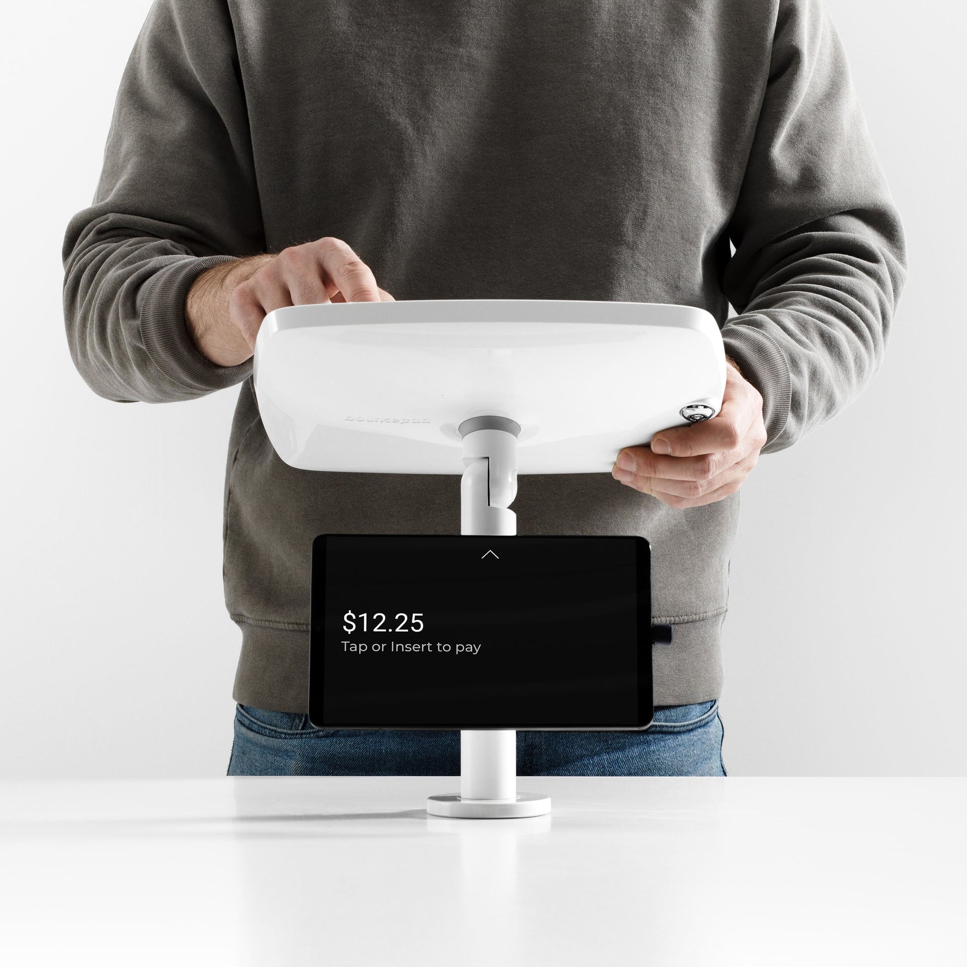 Bouncepad Original Twin Tablet Desk Mount in white, shown in use