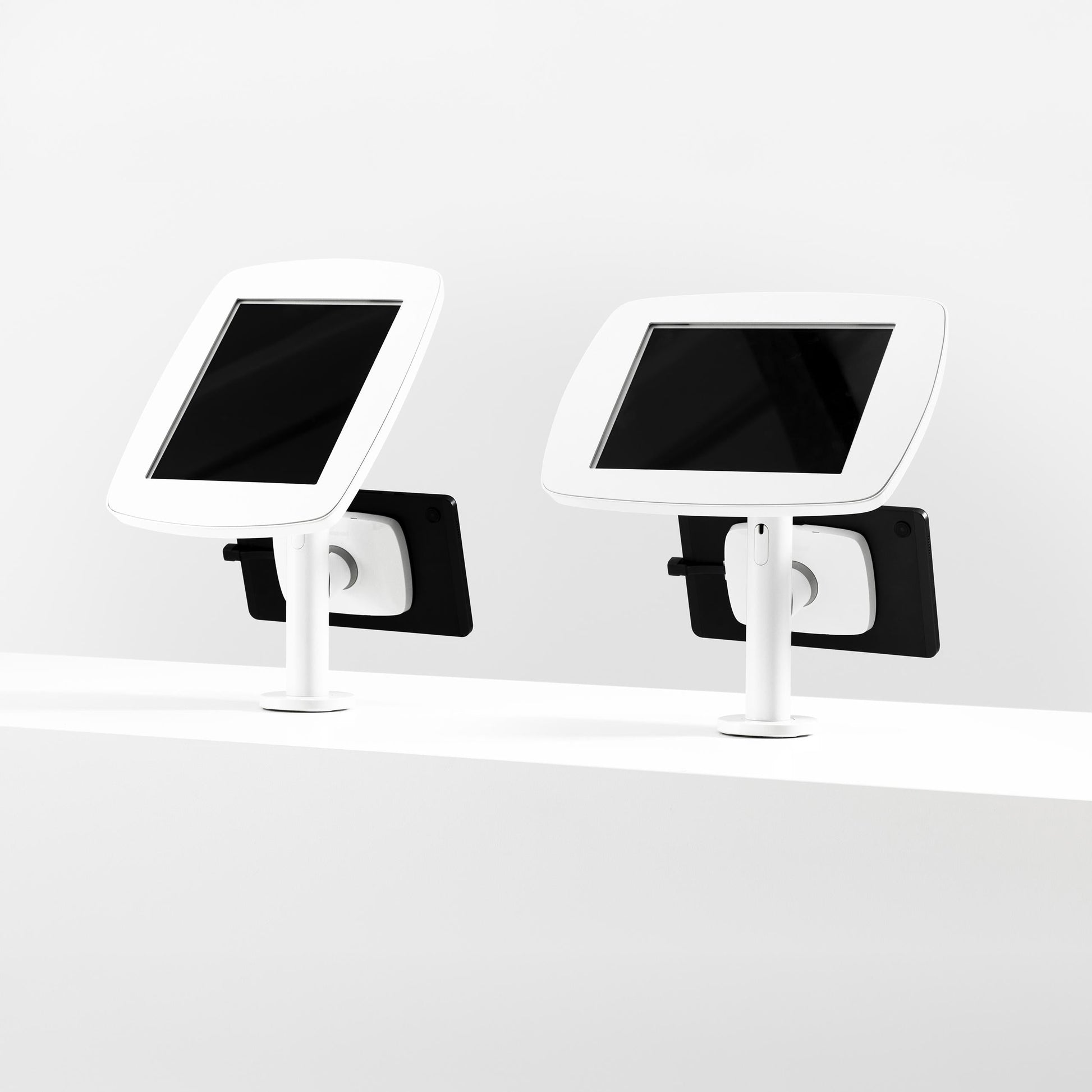 Bouncepad Original Twin Tablet Desk Mount in white, portrait and landscape orientation