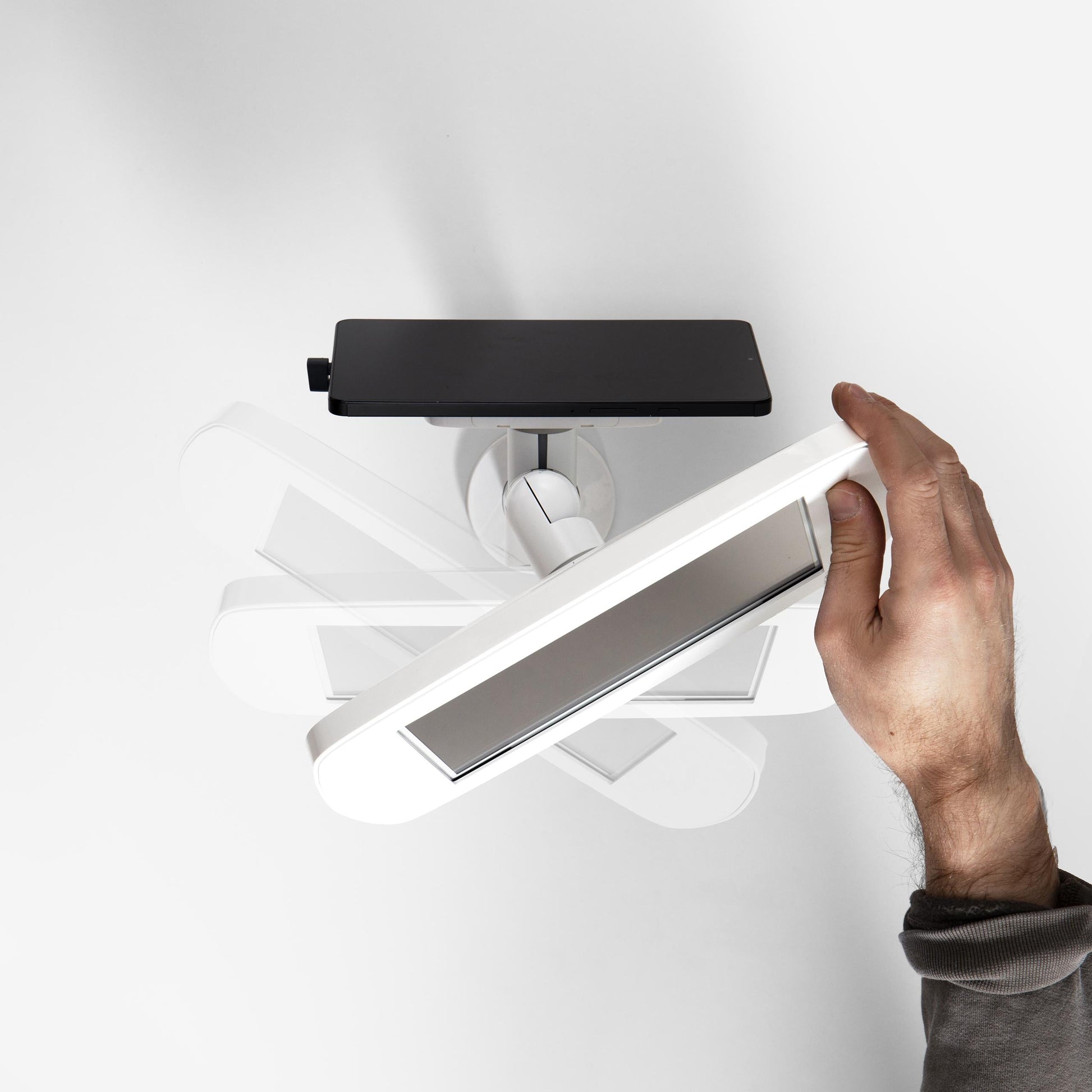 Bouncepad Original Twin Tablet Desk Mount in white, rotation feature