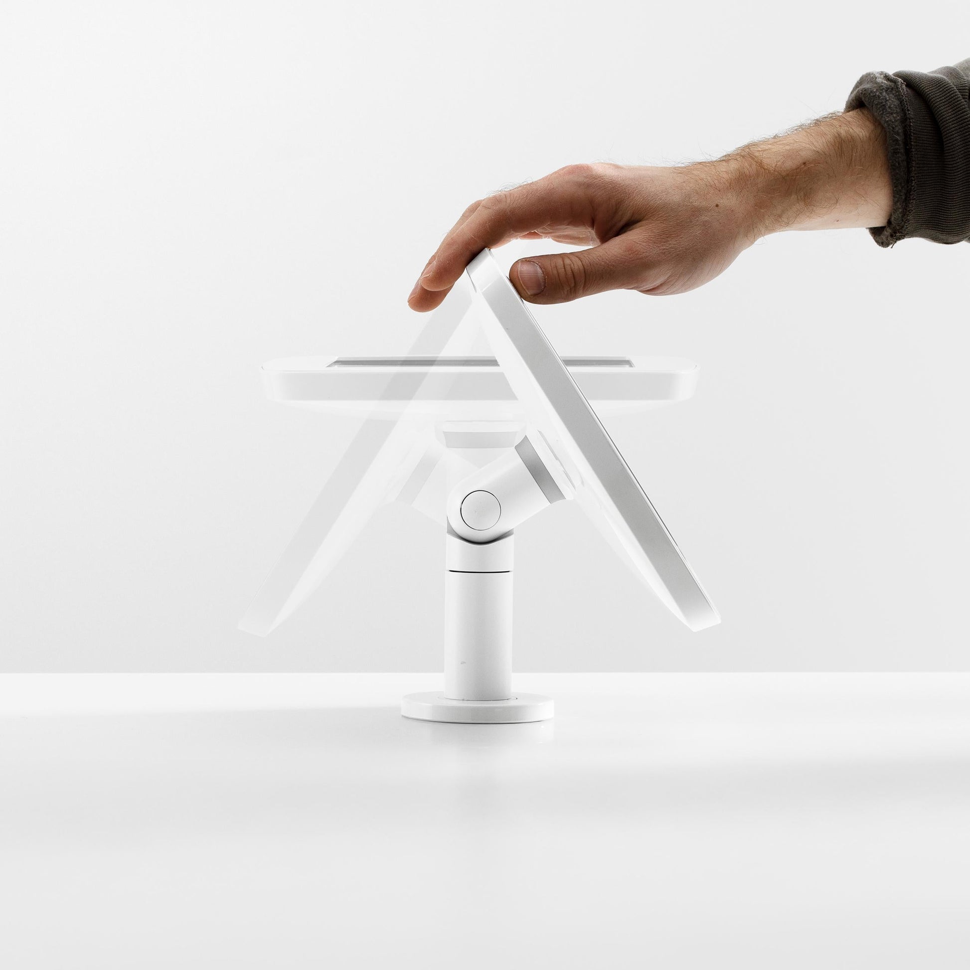 Bouncepad Original Twist-Mini Tablet Desk Mount in white, tilt and flip feature