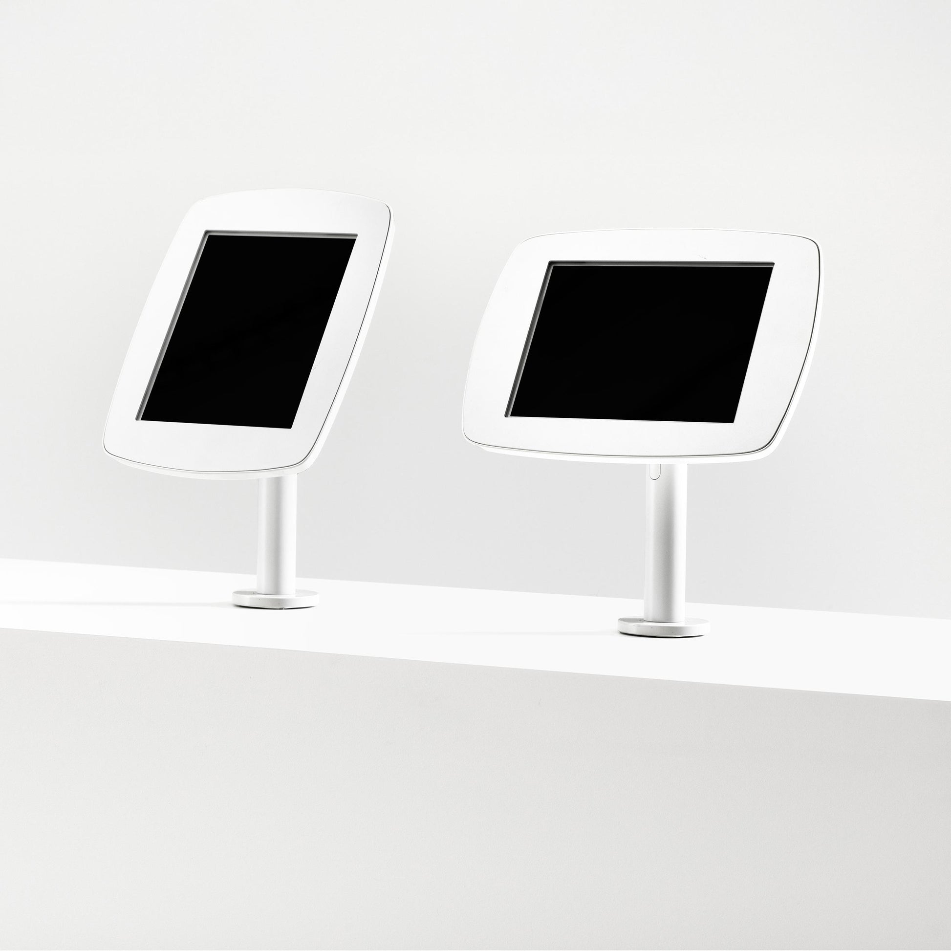 Bouncepad Original Twist Tablet Desk Mount in white, portrait and landscape orientation