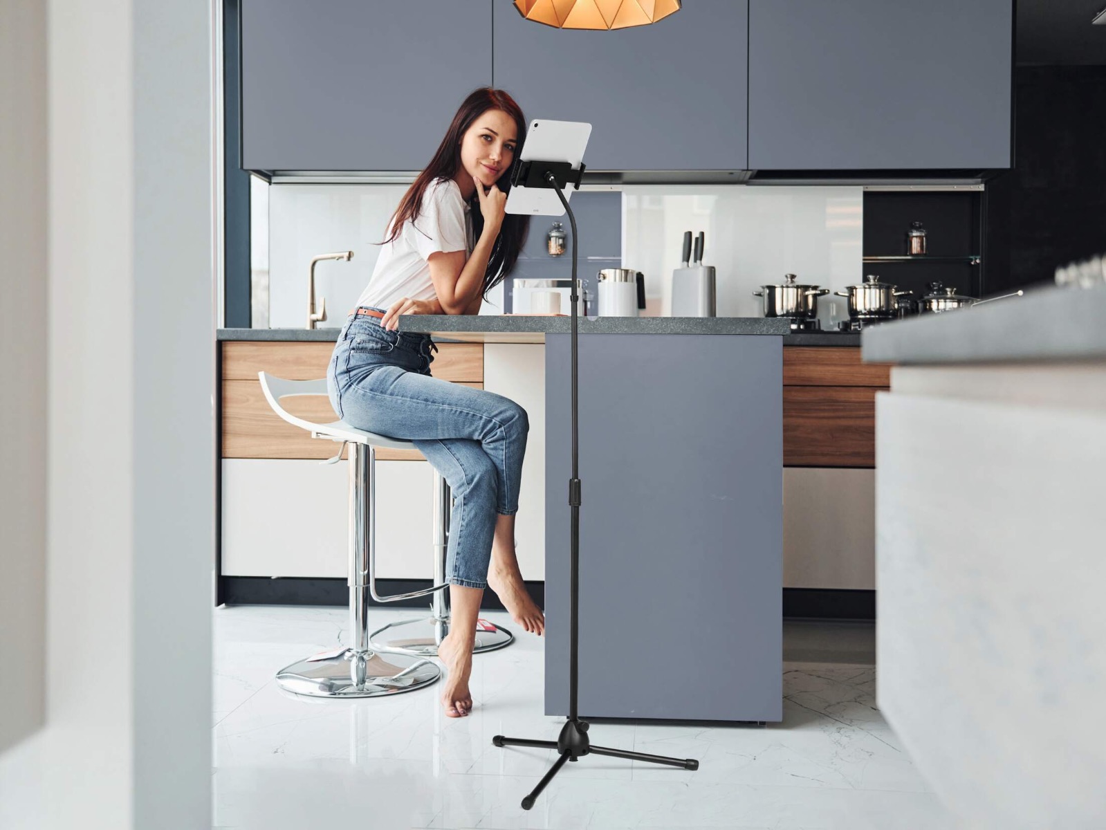 Telescopic Tablet Floor Stand with Flexible Arm